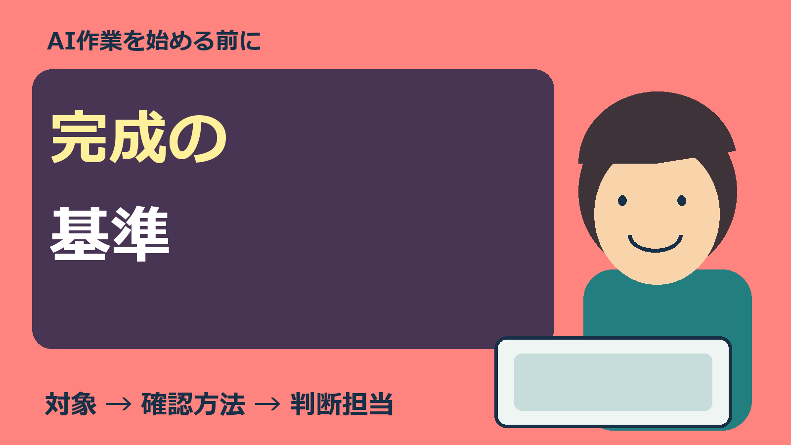 AI作業の完成基準を確かめる人物とパソコンの表紙