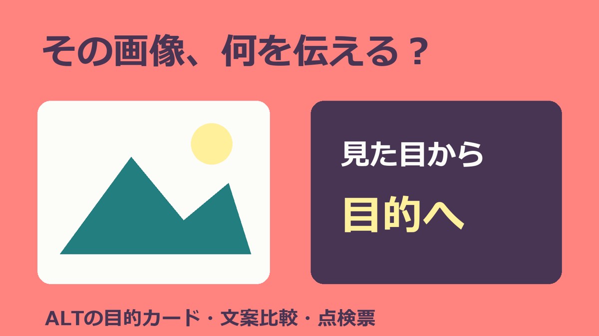その画像、何を伝える？ 山の絵と目的カードを並べ、見た目の羅列からページでの目的へ考え方を移すALT記事の表紙。