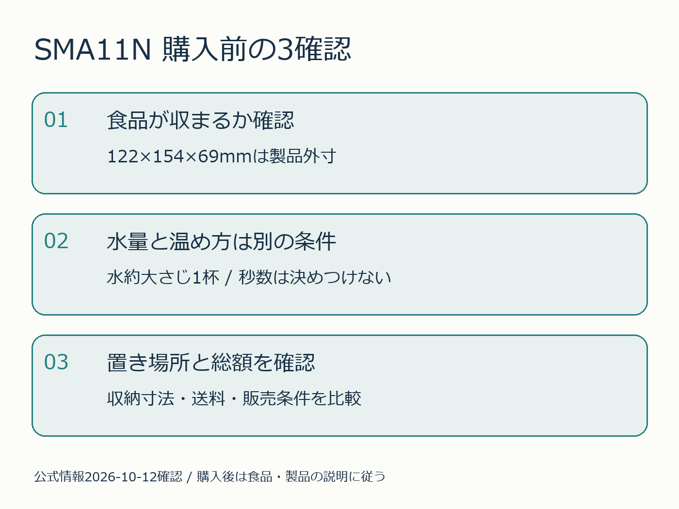SMA11N購入前の3確認。寸法、水量と温め方、収納と総額