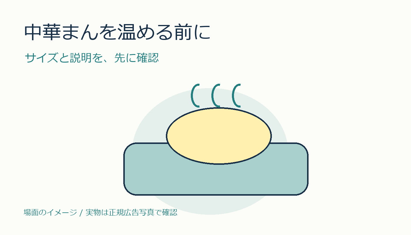 中華まんを温める前に、サイズと説明を確認する場面のイメージ図