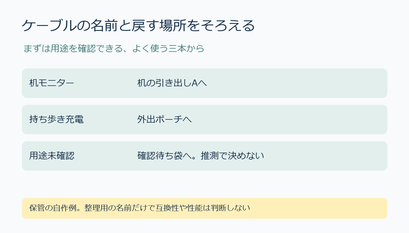 ケーブル名と保管場所の自作例。机モニターは引き出しA、持ち歩き充電はポーチ、用途未確認は確認待ち袋