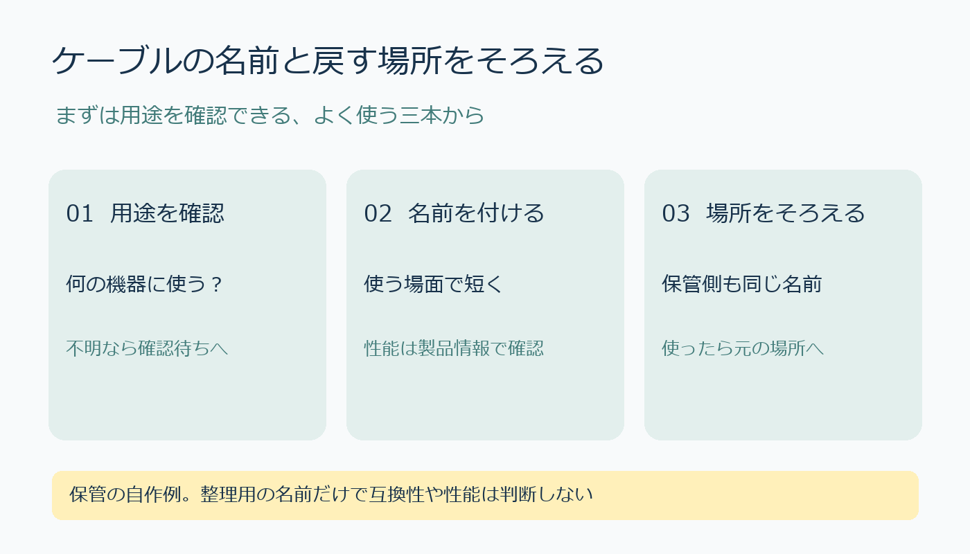 ケーブル整理の三手順。用途確認、名前付け、保管場所も同じ名前にする。