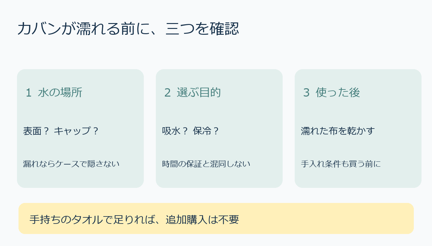 水の場所、吸水と保冷の目的、使った後の乾燥を順番に確認する図解