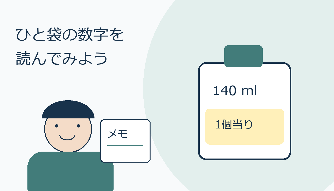 袋の数字を確認する人と商品を描いた親しみやすいオリジナル表紙
