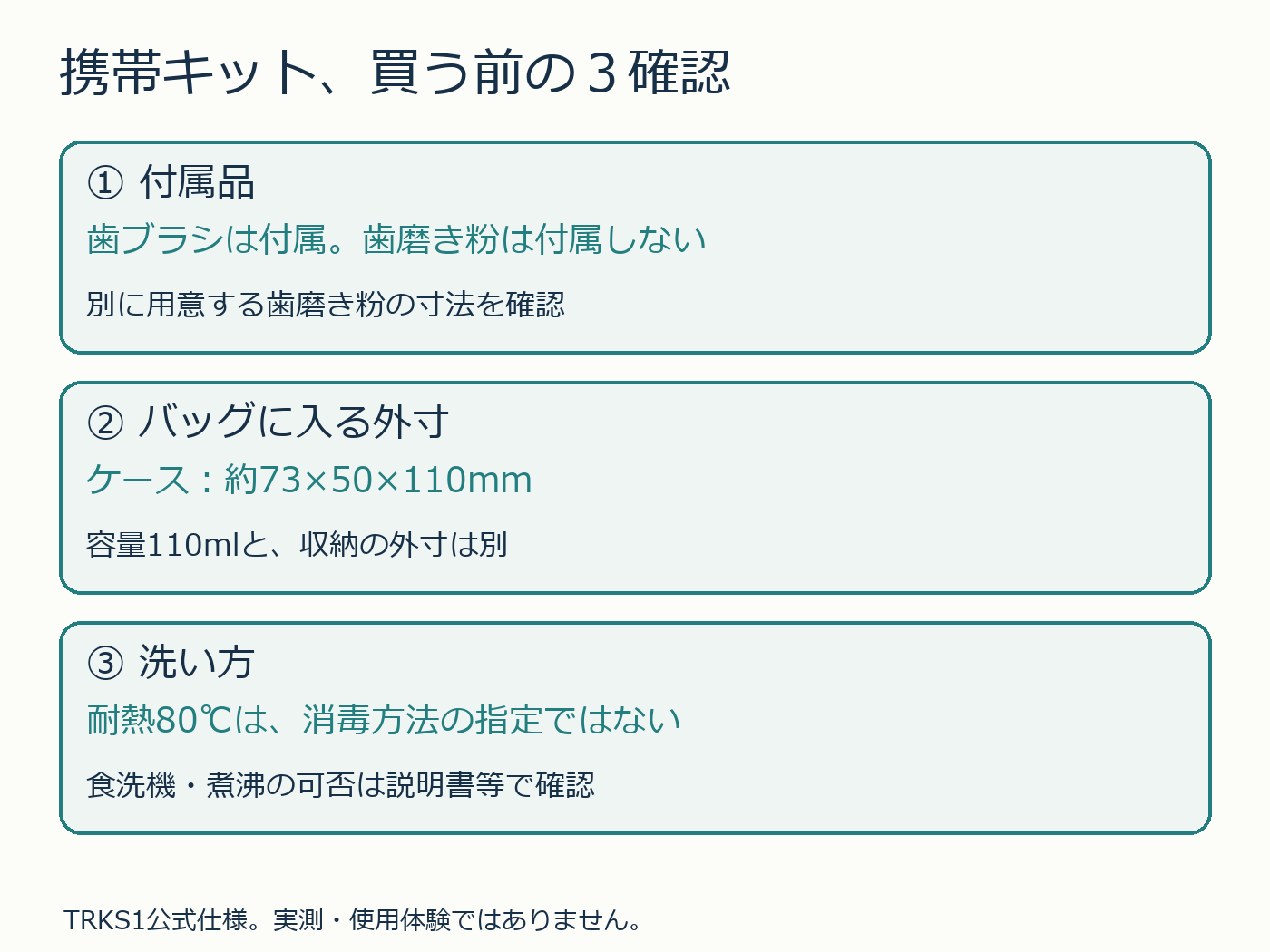 付属品と外寸、洗浄方法を分けて確認する図解
