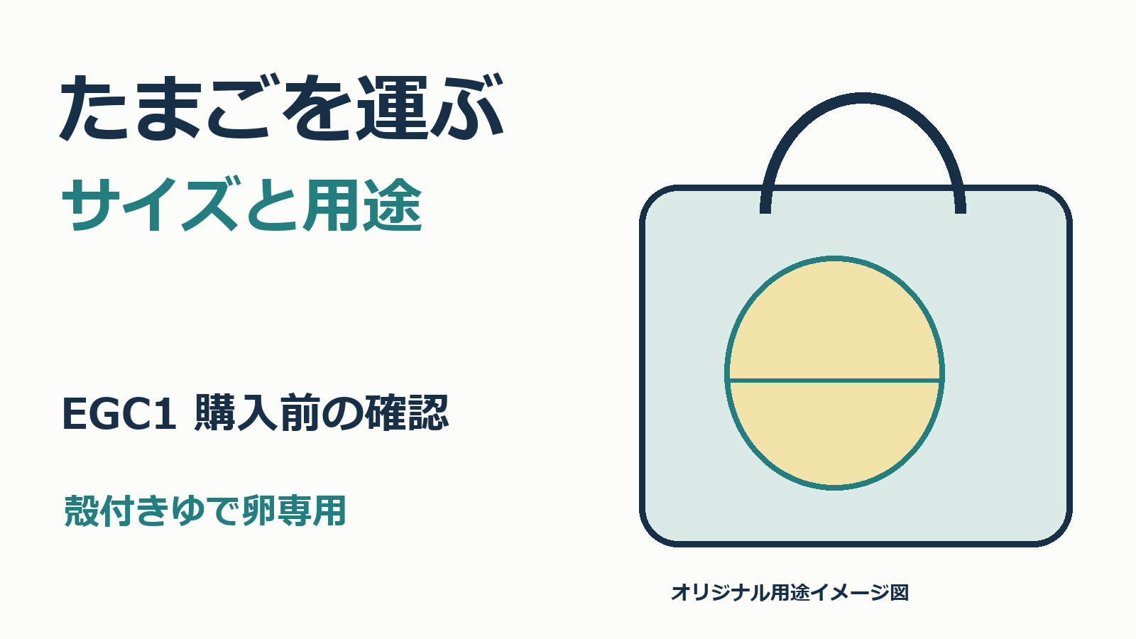 たまごを運ぶ、サイズと用途。バッグと卵形ケースを描いたオリジナル用途イメージ図。