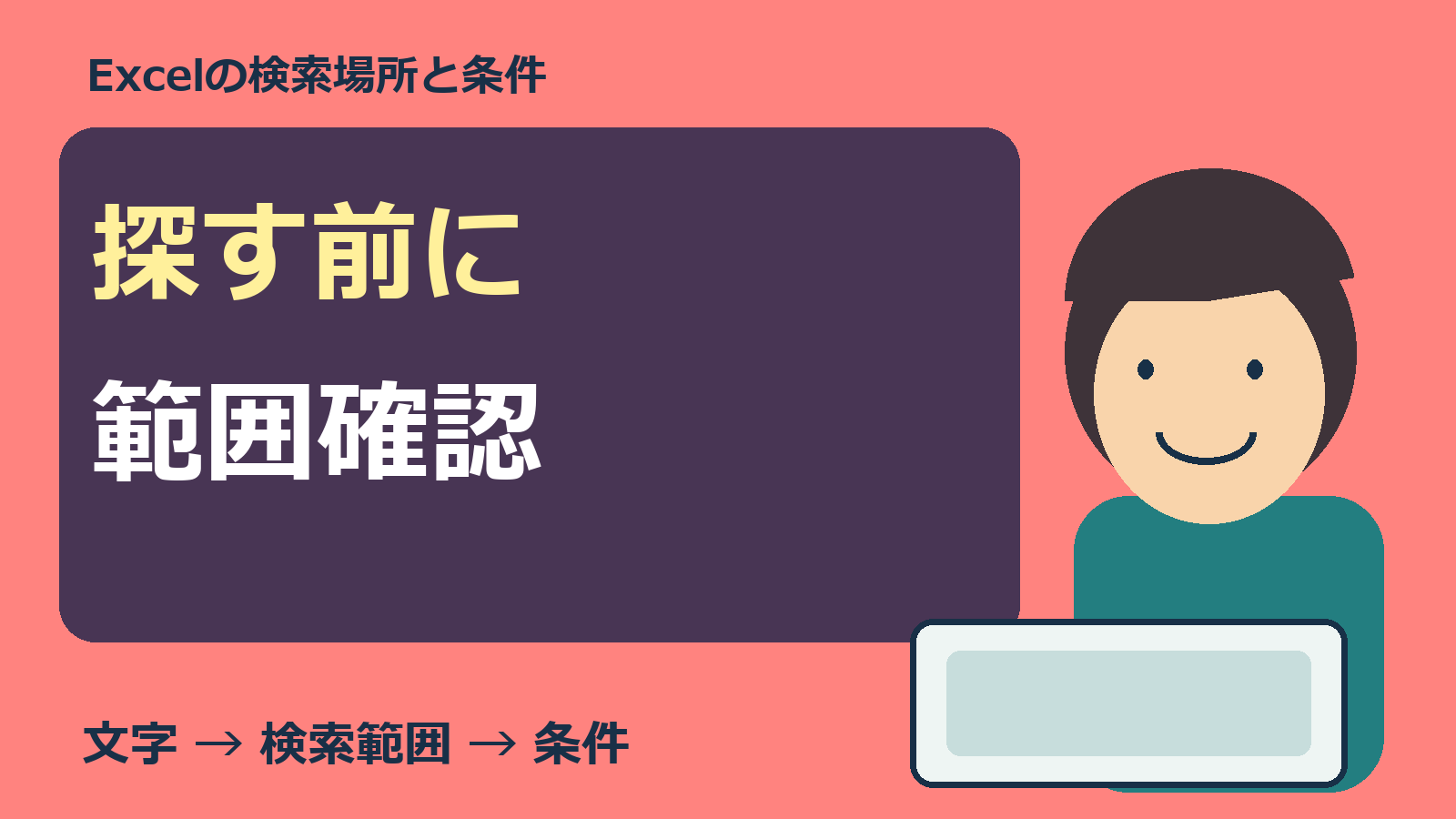 Excelで探す前に範囲を確認する人物とPCのオリジナル表紙