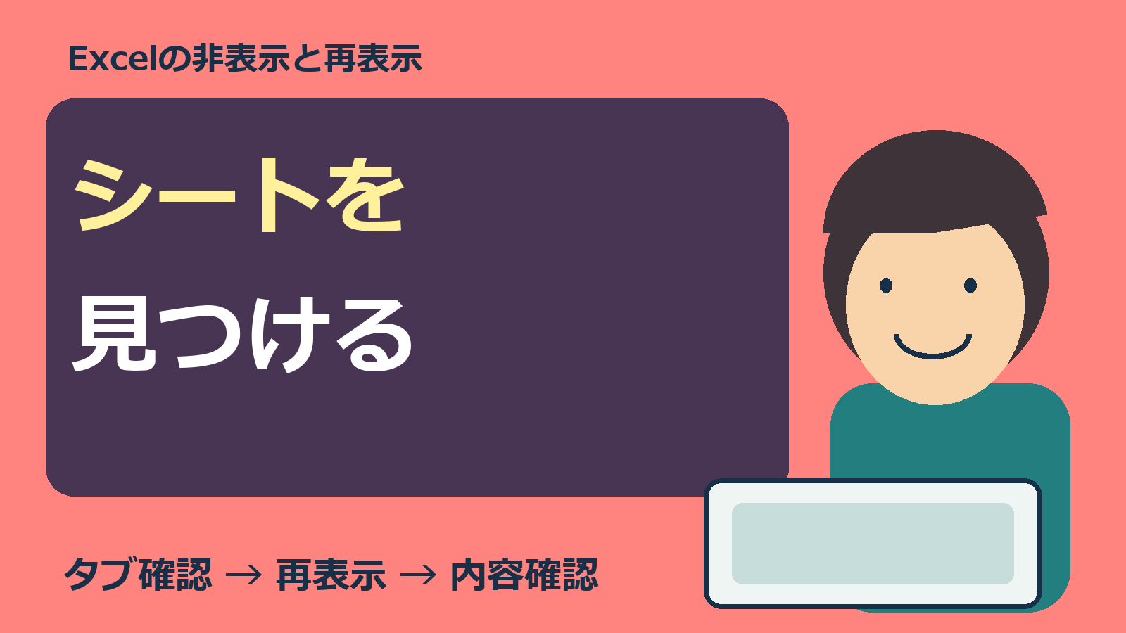 Excelのシートを見つける人物とPCのオリジナル表紙
