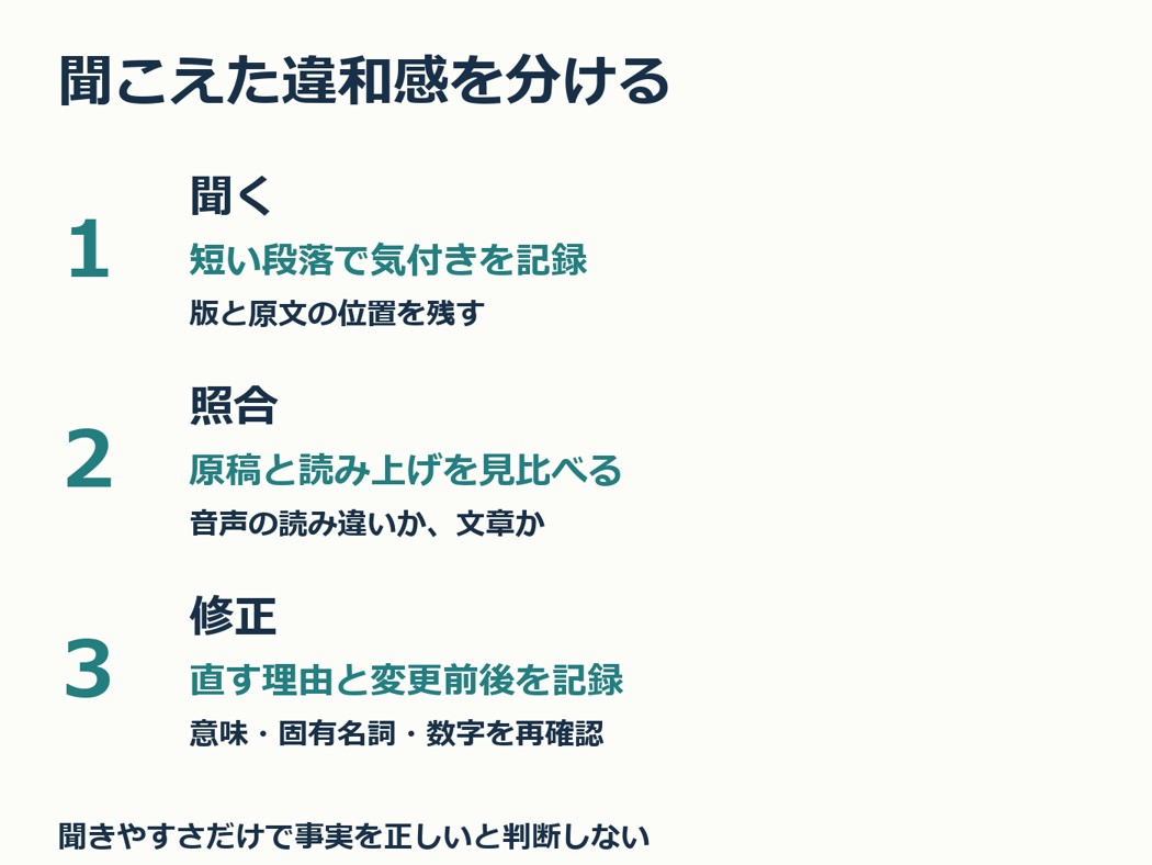 読み上げの違和感を記録、原文と照合、意味を確認して修正する3手順。流暢さと正確性は別です。