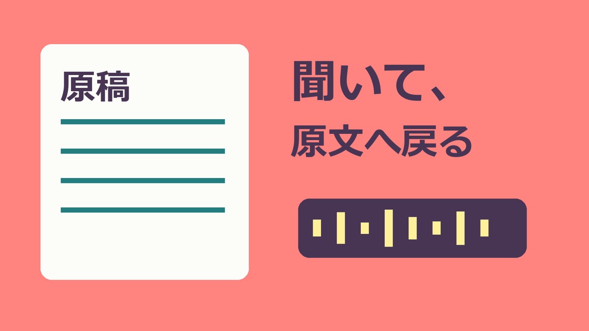 原稿用紙と音声の波形。聞いて気になった部分を原文へ戻る読み上げ点検。