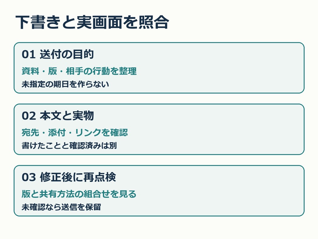 下書きと実画面の照合。送付目的、本文と実物、修正後点検