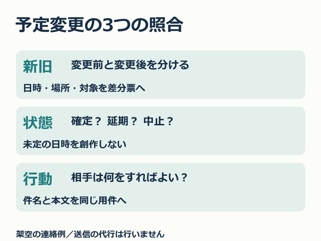 予定変更の新旧、状態、行動を照合する3つの点検