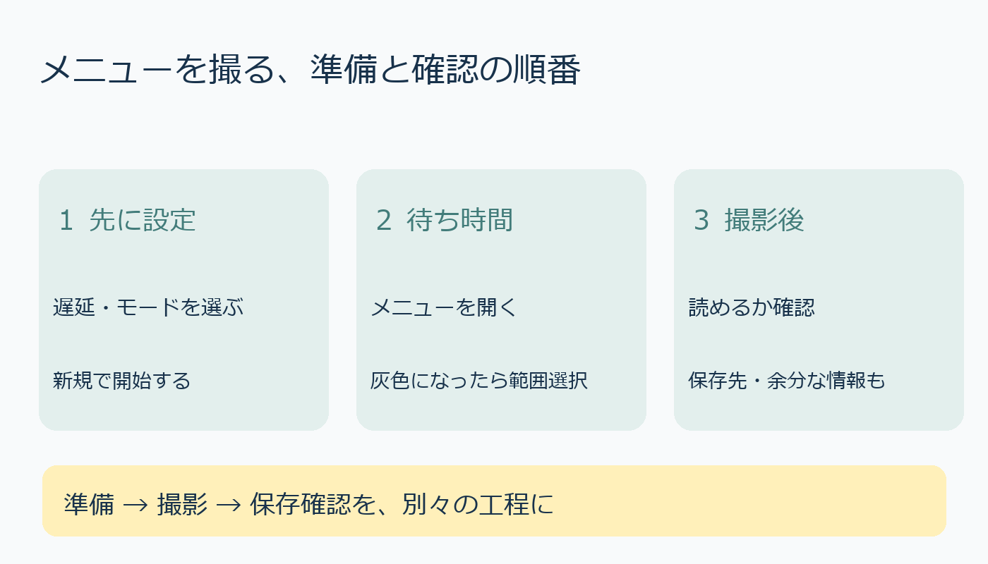 遅延を設定、新規開始、待ち時間にメニューを開く、撮影して保存確認の手順