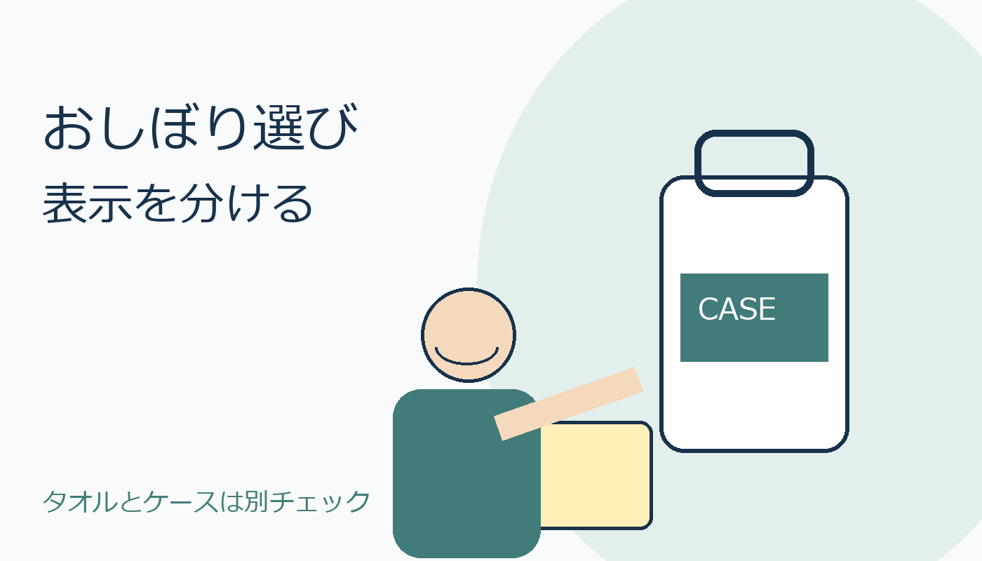 おしぼりとケースの表示を考える人物のオリジナルイメージ。実物画像とは別