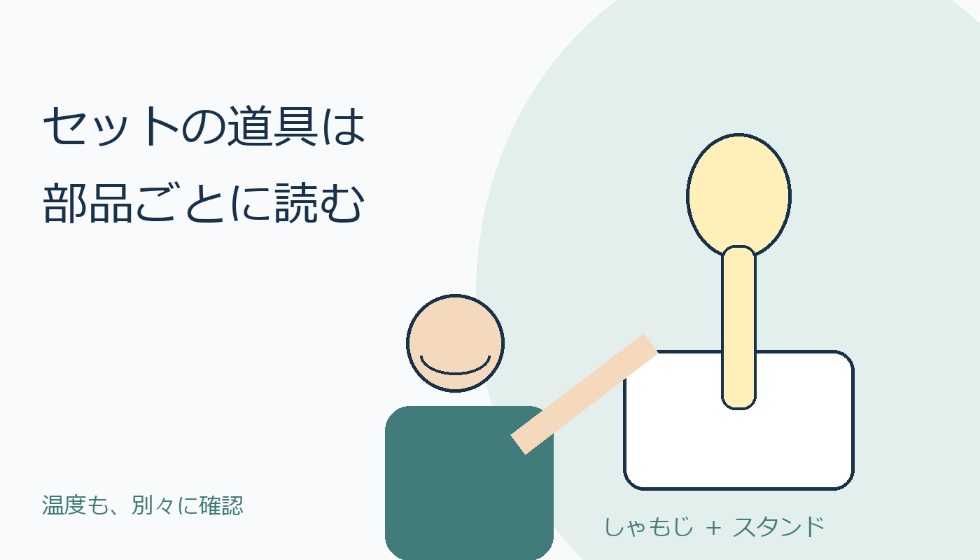 しゃもじとスタンドを部品ごとに確認する人物。コードイラストで実物ではありません