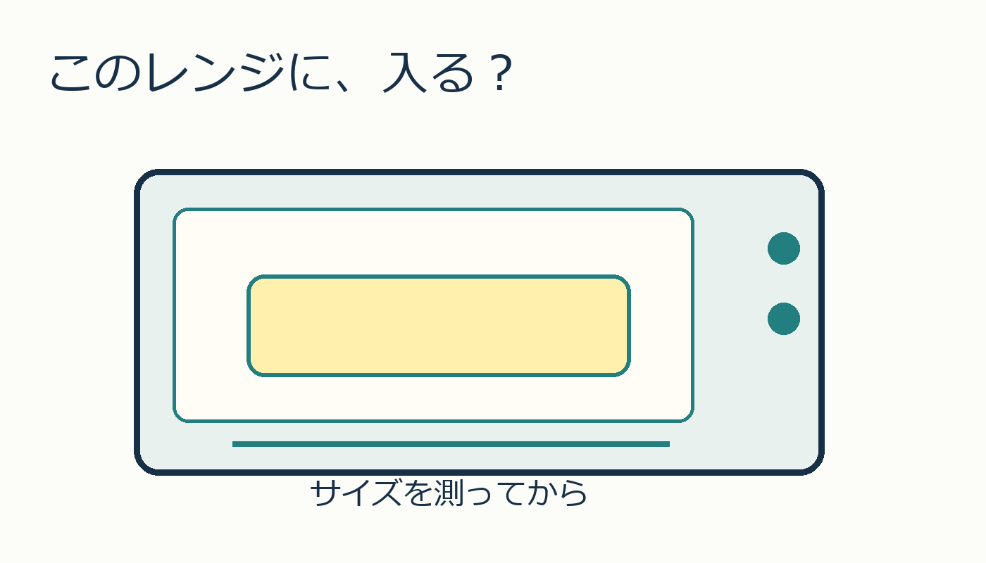 このレンジに入る？電子レンジとパスタ容器を描いた購入前のサイズ確認イメージ図。実物写真ではありません。