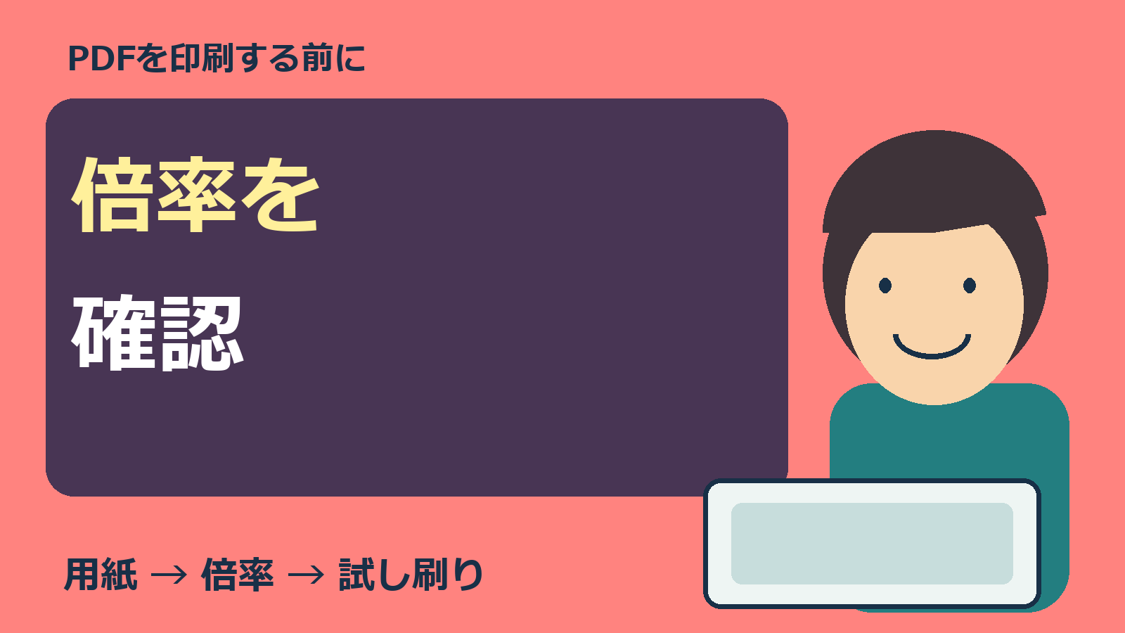 PDFの印刷倍率を確認する人物とパソコンの表紙