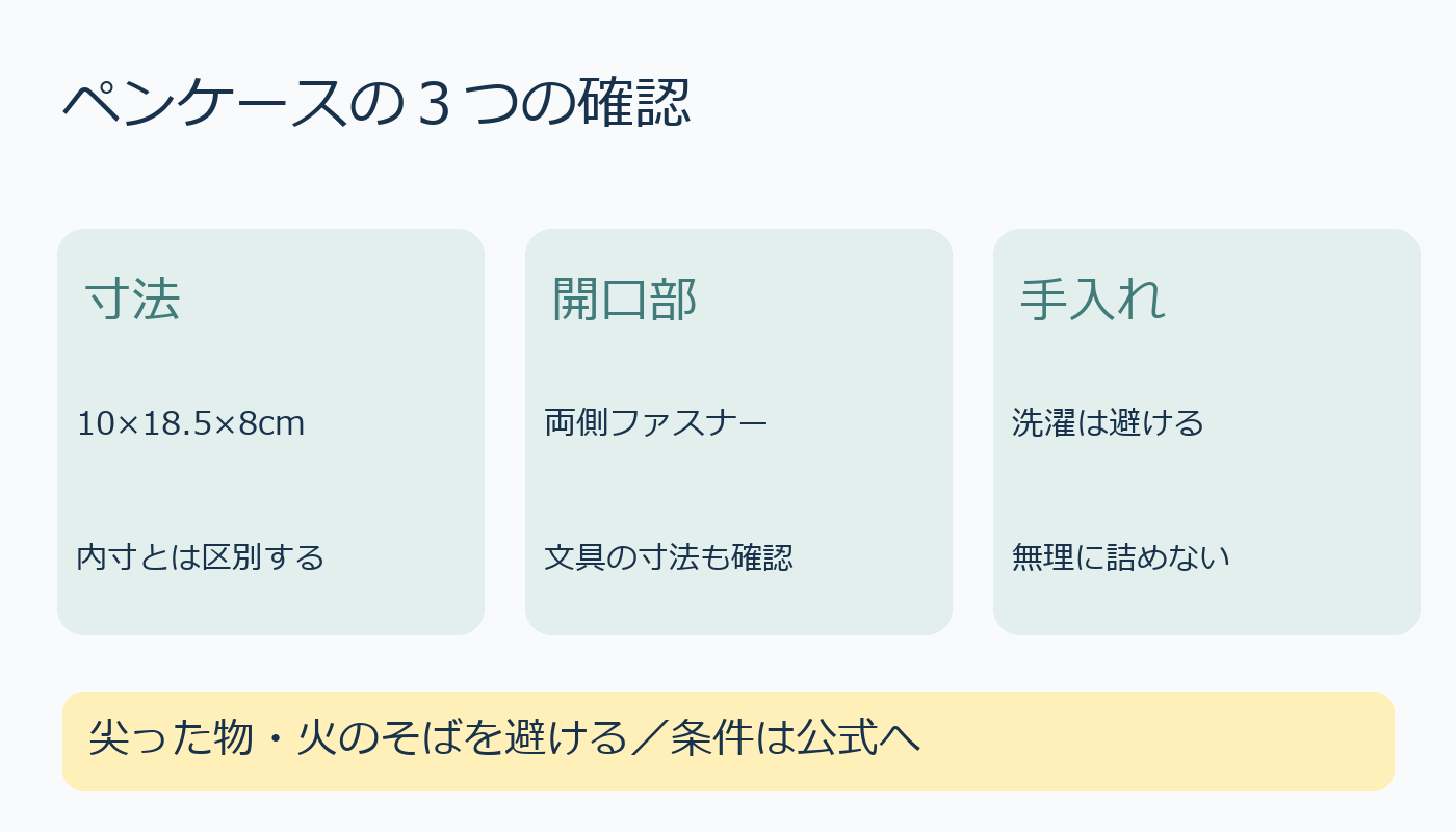 ペンケースの寸法、開口部、洗濯を避ける注意点