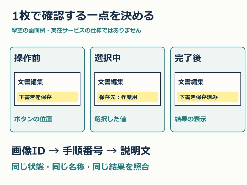 架空の3画面で操作前・選択中・完了後に示す一点を整理