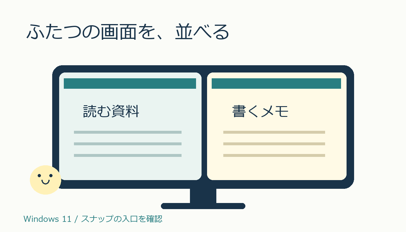 資料とメモを2つの枠へ並べる場面のコード絵
