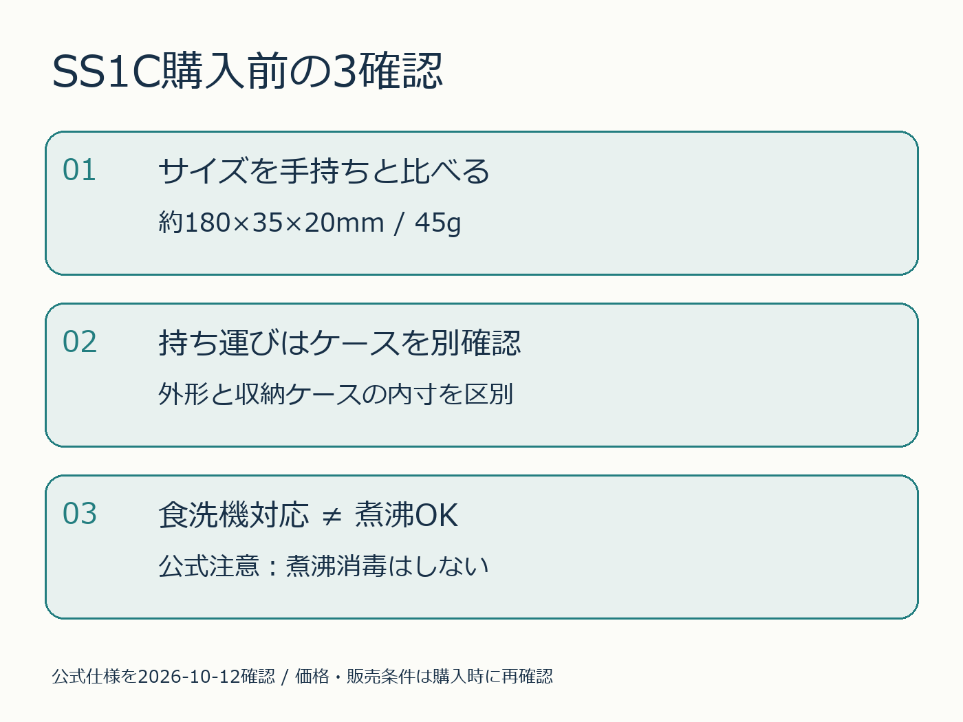 SS1C購入前の3確認。寸法、ケース内寸、食洗機と煮沸の違い