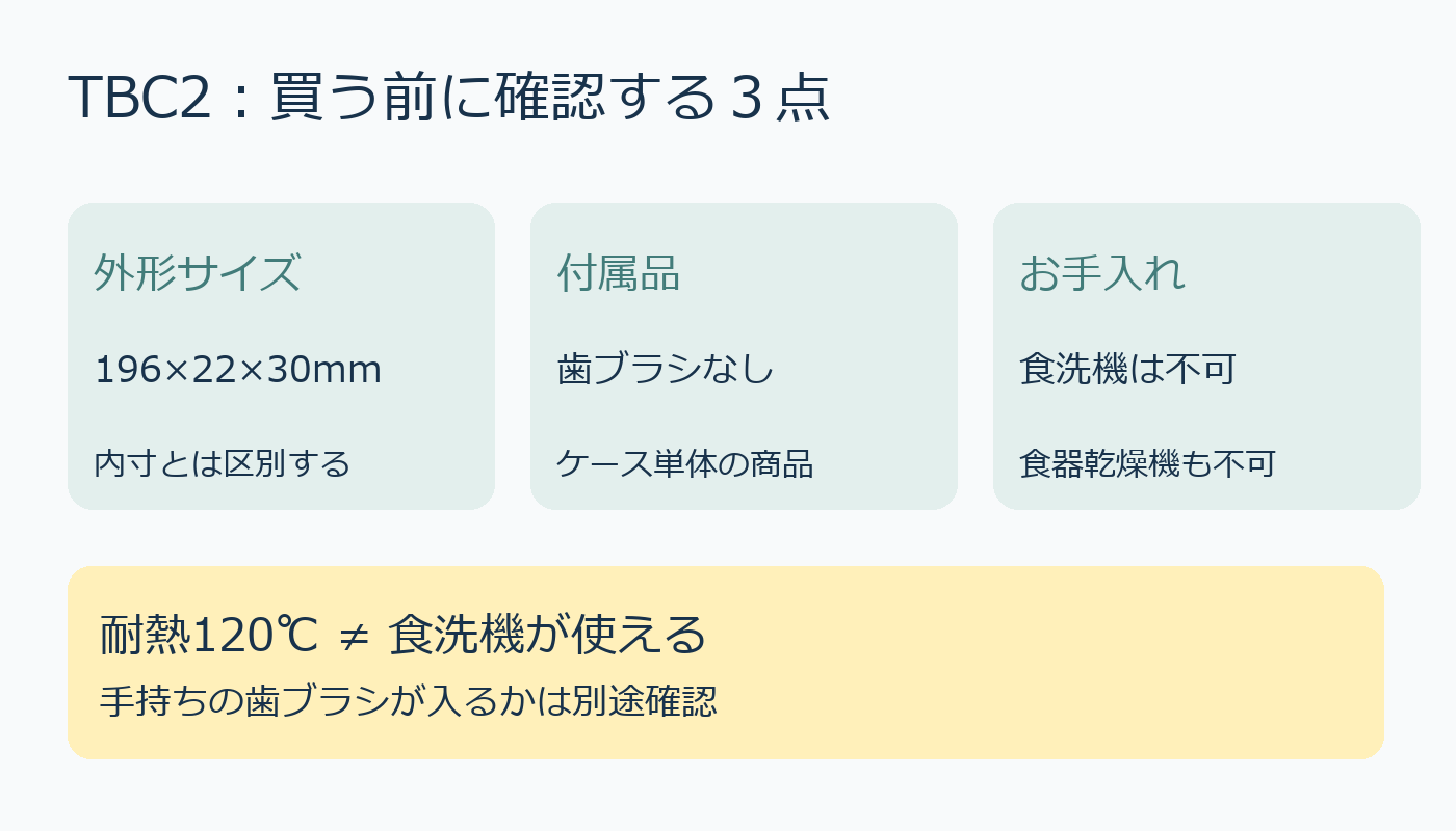 TBC2の外形寸法、歯ブラシは別売り、食洗機と食器乾燥機は禁止の確認図
