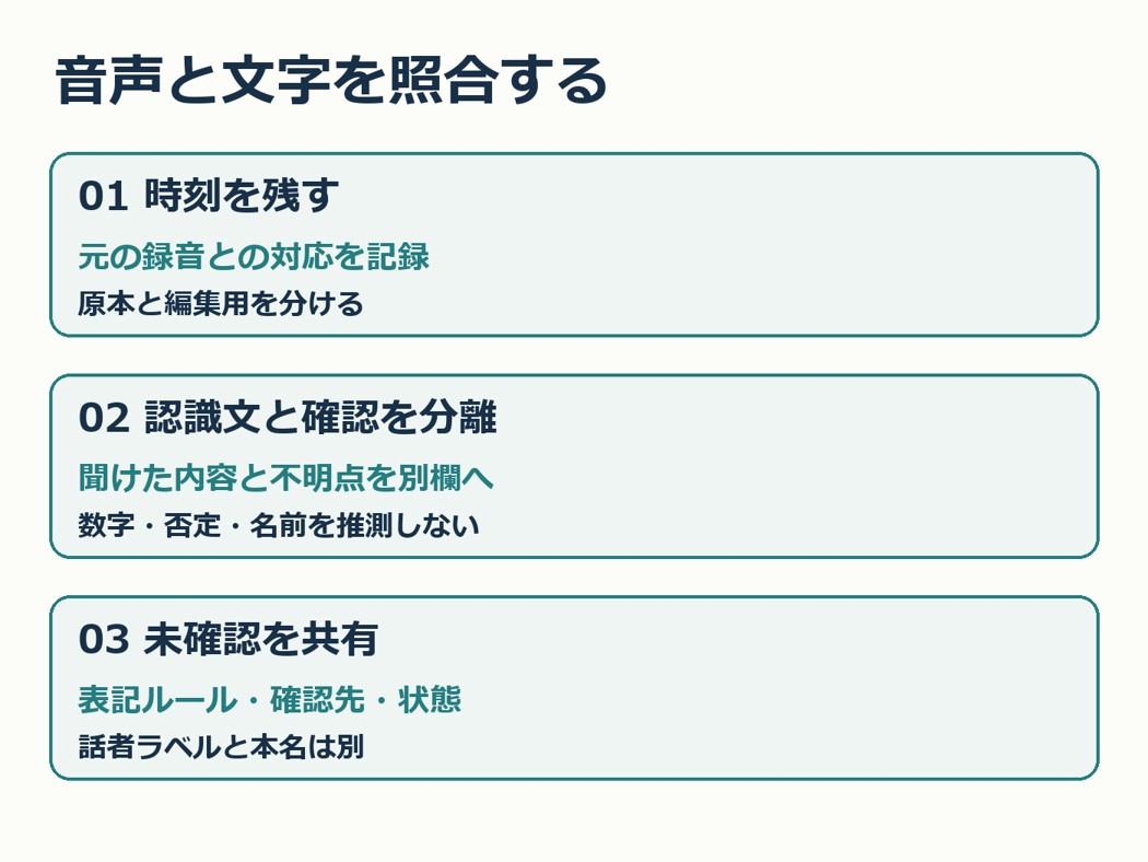 音声と文字の照合。時刻を残す、認識文と確認を分離、未確認を共有