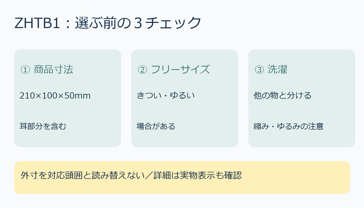 ヘアターバンの寸法、フリーサイズ、分け洗いの確認図