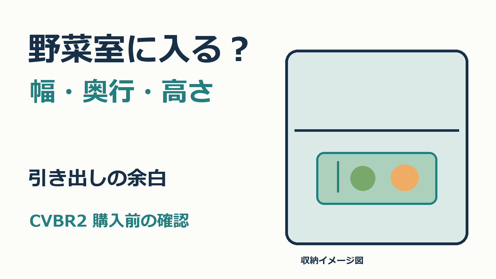 野菜室に入るか幅・奥行・高さを確認。冷蔵庫と収納ケースを描いた収納イメージ図。